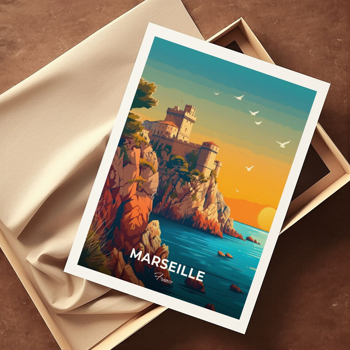 Marseille France Coastal Fortress Sunset Travel Illustration Poster - Image 3