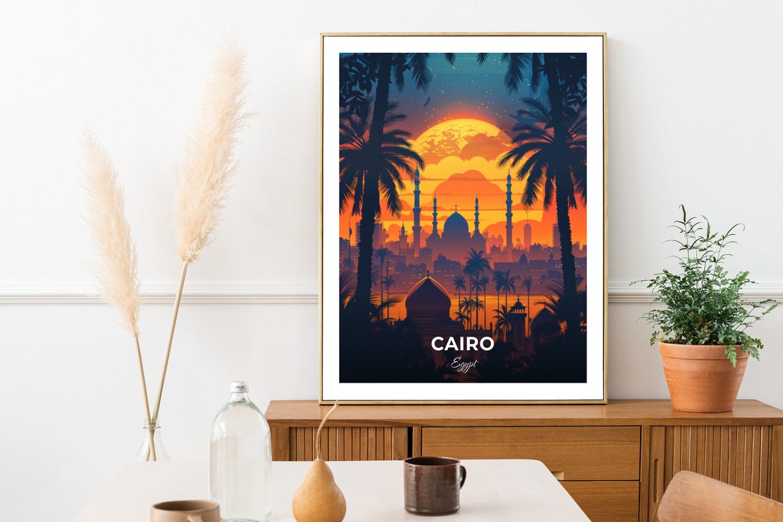 Cairo Egypt Mosque Skyline Minarets Palm Sunset Cityscape Poster - Image 2