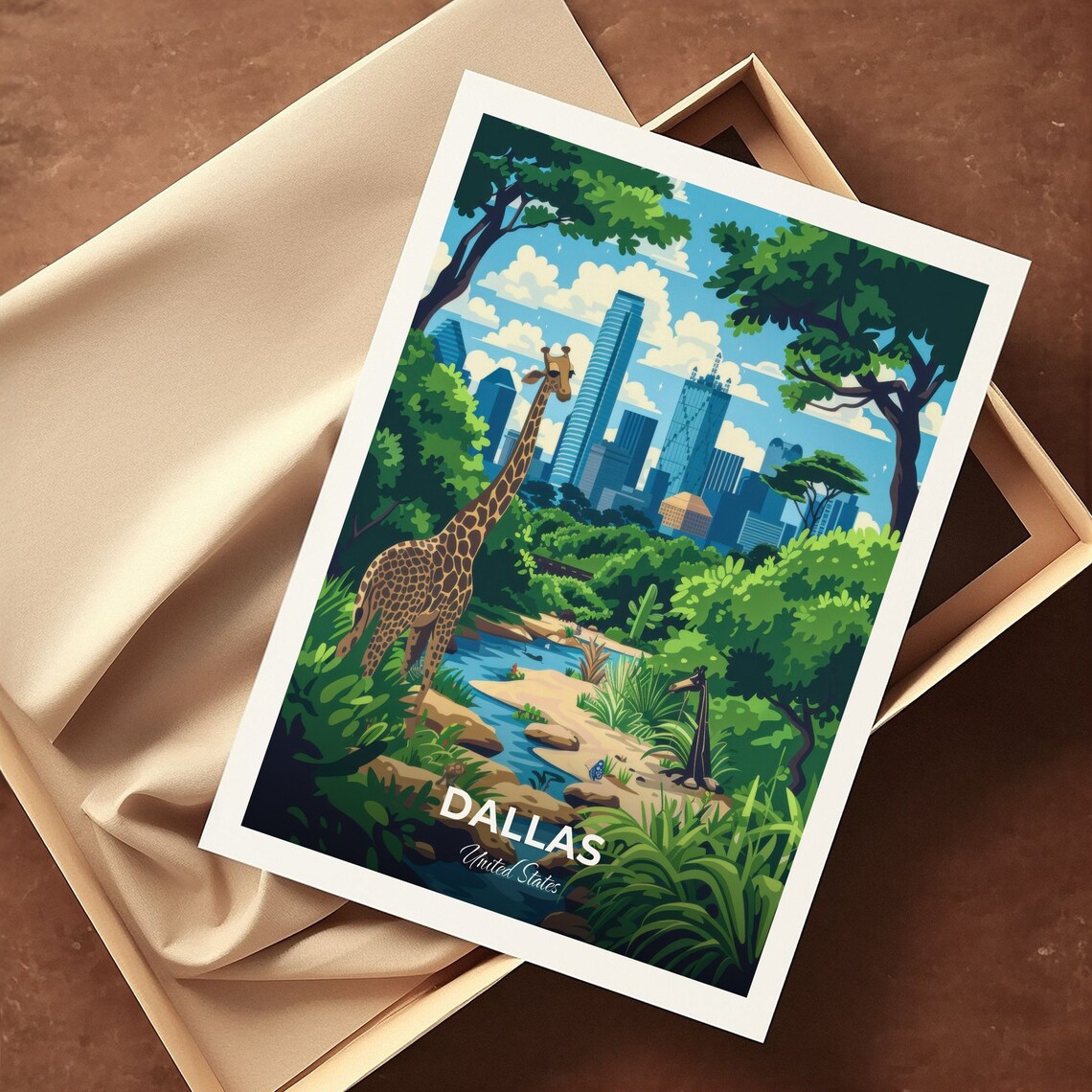 Dallas Zoo Giraffe Wildlife Oasis City Skyline Travel Poster - Image 3