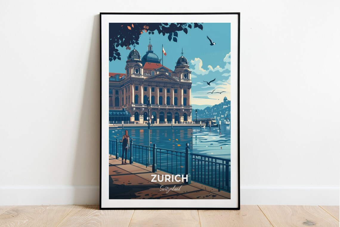 Zurich Switzerland Opera House Lake Waterfront Grand View Travel Poster