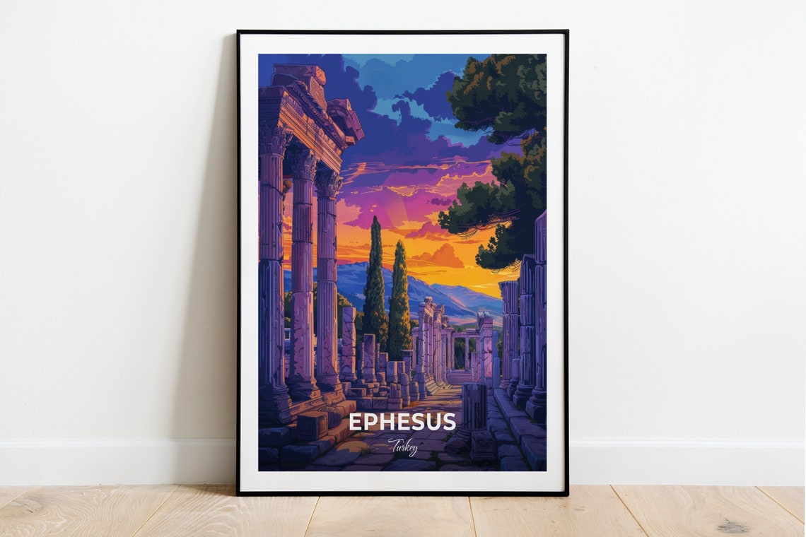 Ephesus Turkey Ancient Ruins Columns Vivid Sunset Travel Poster