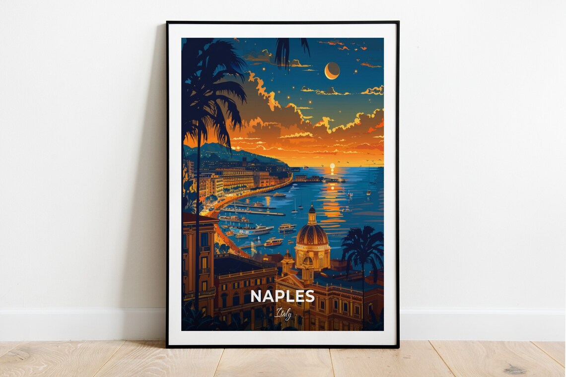 Naples Italy San Carlo Theatre Bay Sunset Vintage Travel Poster