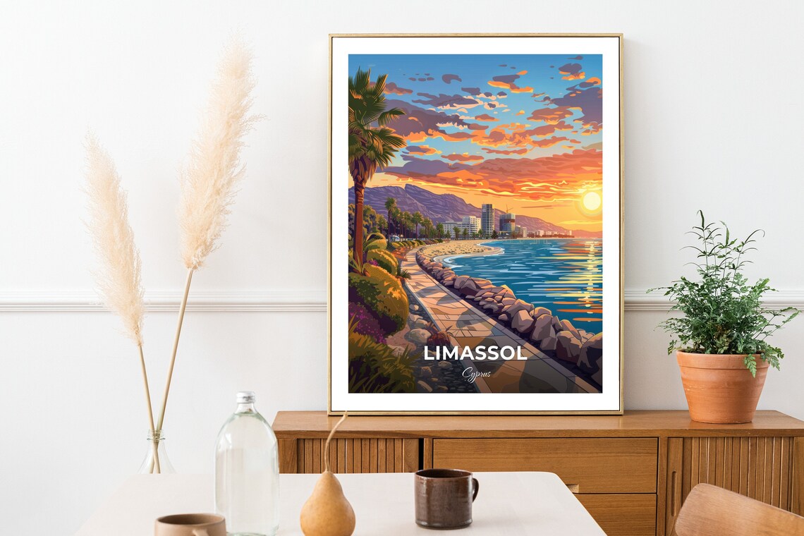 Limassol Promenade Sunset With Palm Trees And Beach Cyprus Travel Poster - Image 2