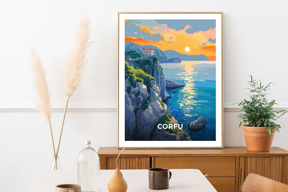 Corfu Greece Cliffside Chapel Sunset Ionian Sea View Travel Poster - Image 2