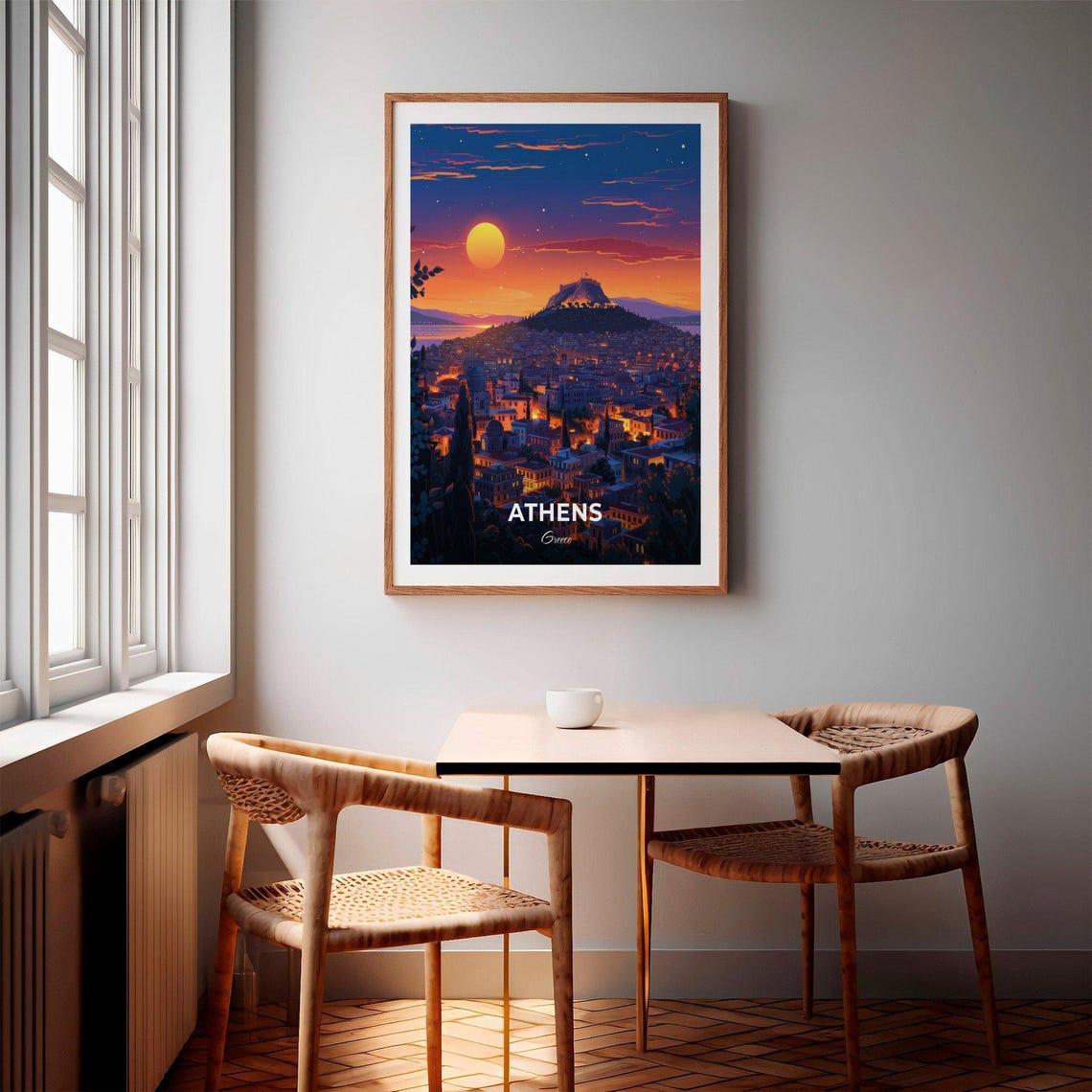 Athens Greece Lycabettus Night City Lights Bright Moon Art Poster - Image 2