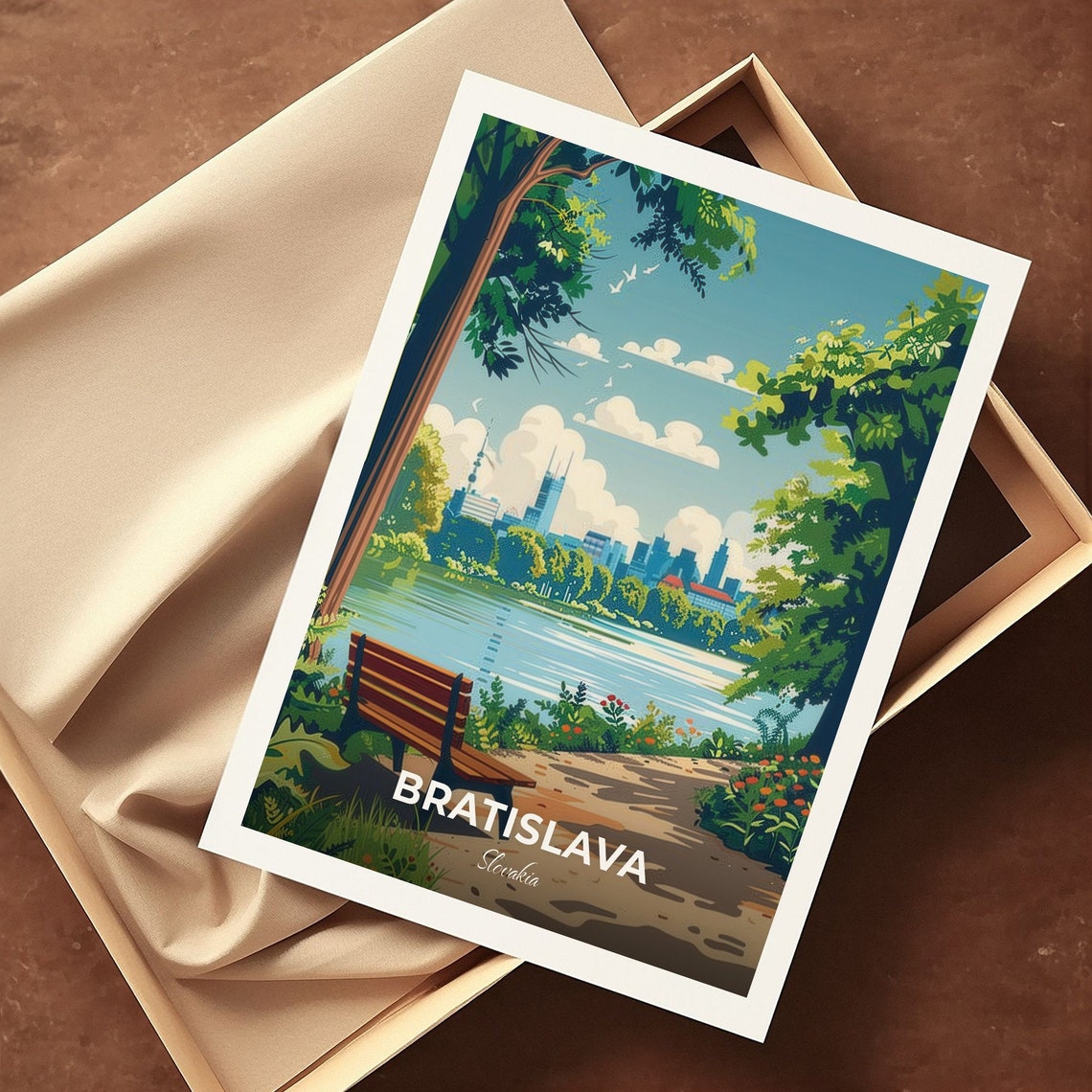 Bratislava Slovakia Forest Park Lake Bench City Skyline Travel Poster - Image 3