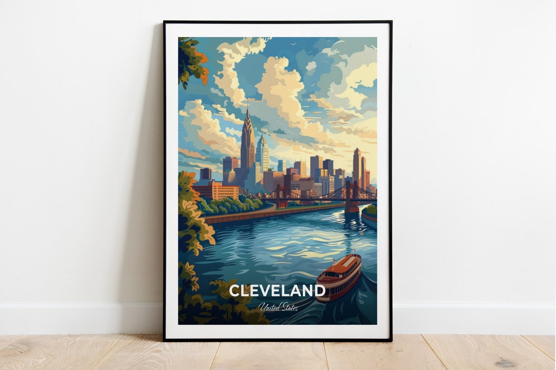 Cleveland Ohio Riverfront Downtown Skyline And Red Tour Boat Poster