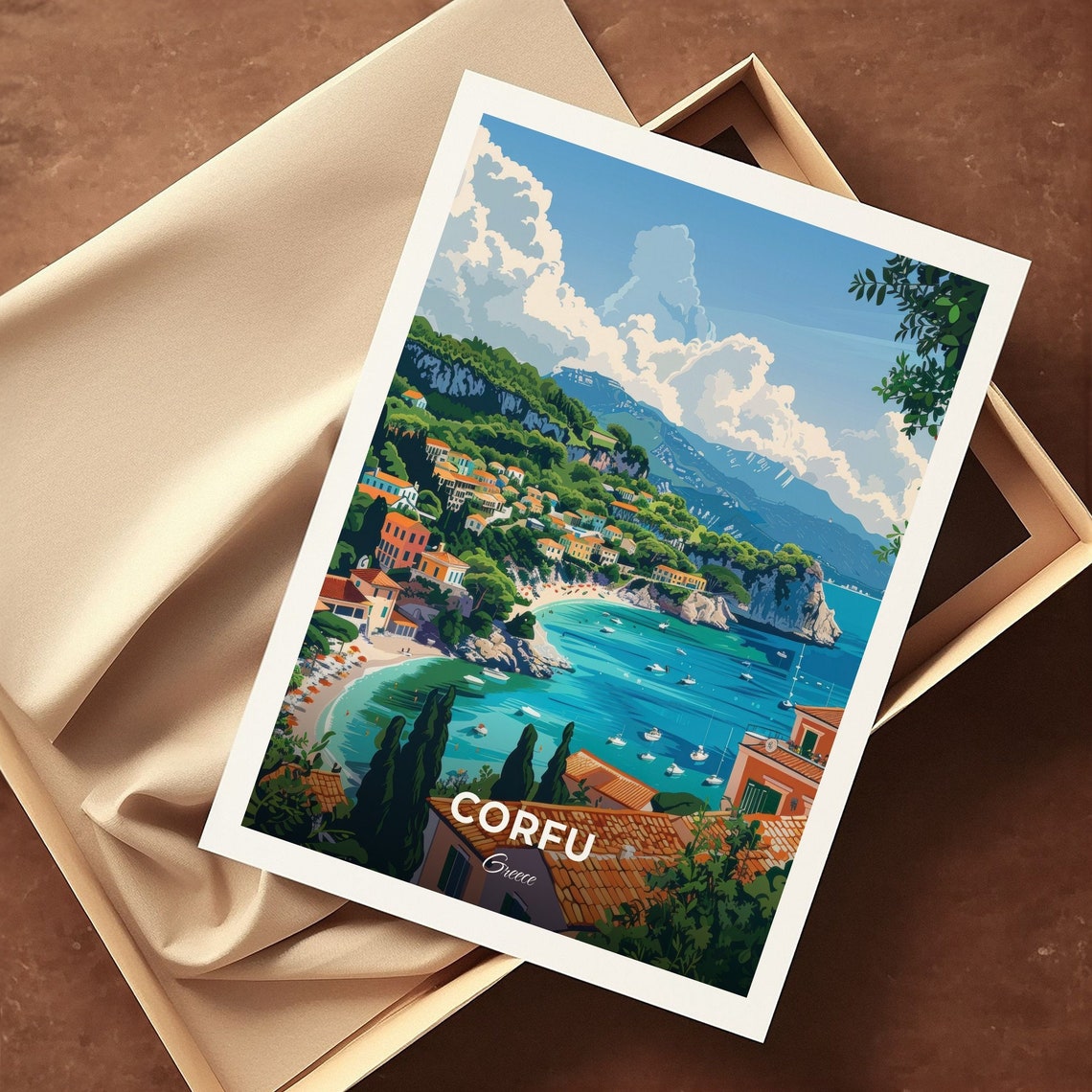 Corfu Greece Turquoise Bay Beach Town Mediterranean Travel Poster - Image 3