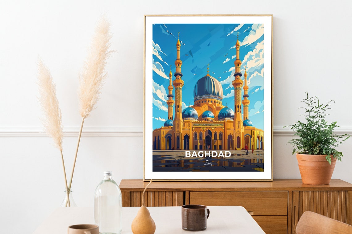 Baghdad Abu Hanifa Mosque Golden Domes Skyline Travel Scene Poster - Image 2