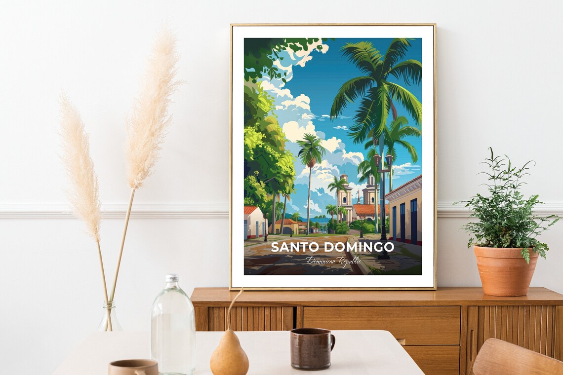 Santo Domingo Palm Lined Street Old Church Travel Art Poster - Image 2