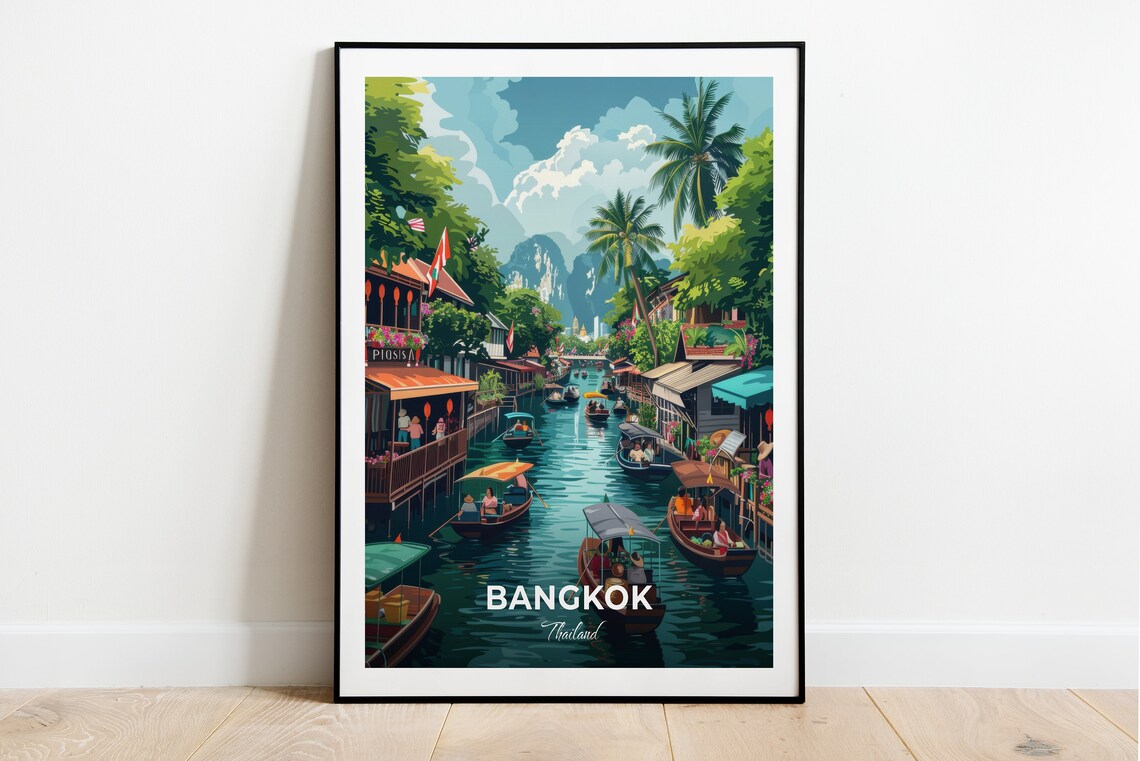 Bangkok Thailand Floating Market Canal Boats Travel Illustration Poster