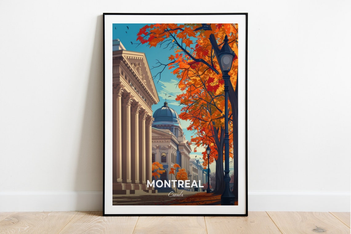 Montreal Autumn Maple Street Classical Columns Museum Travel Poster