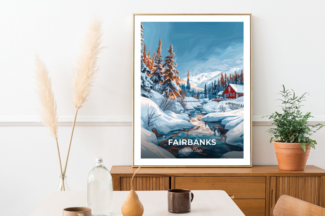 Fairbanks Winter Cabin Snowy Stream Alaska United States Travel Poster - Image 2