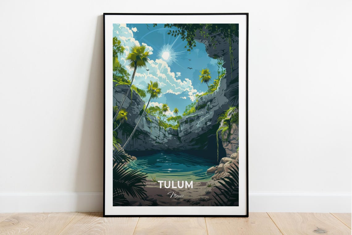 Tulum Mexico Sunlit Cenote Rock Palms Jungle Oasis Travel Poster