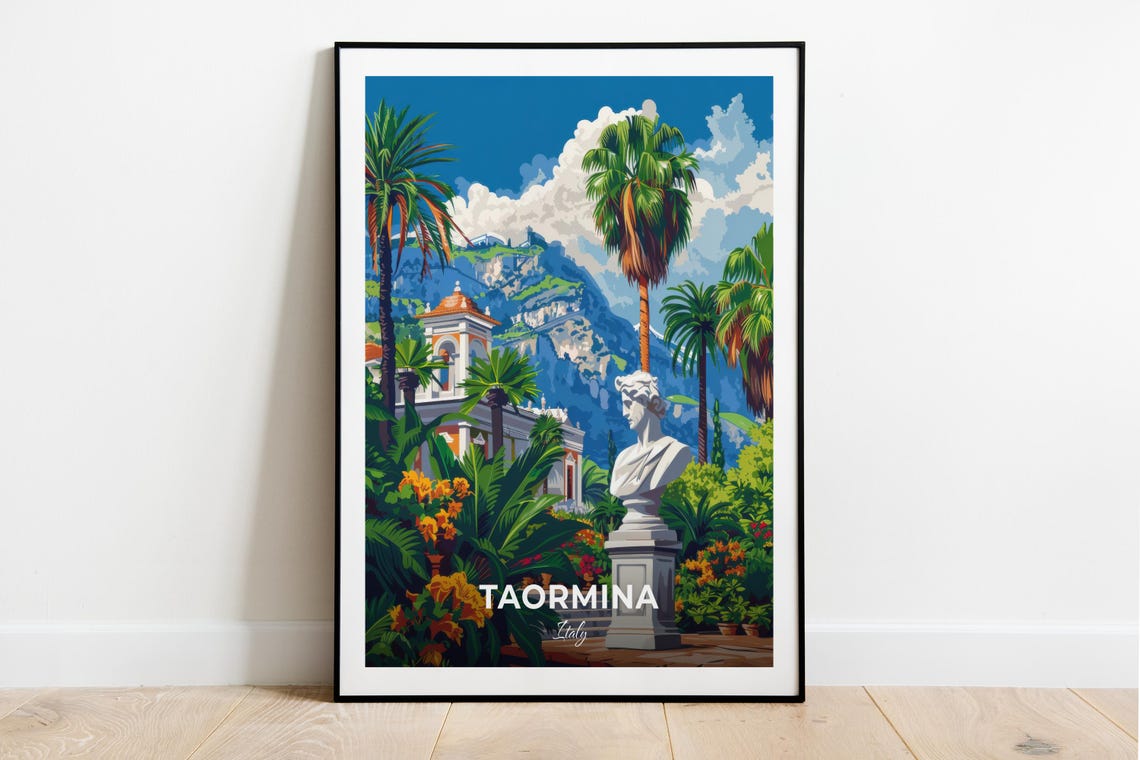 Taormina Travel Poster Public Garden Of Taormina City Print Cityscape Artwork Birthday Wedding Gift Wall Art Location Print