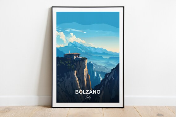 Bolzano Mountain Museum Cliffside Villa Alpine Italy Landscape Travel Poster