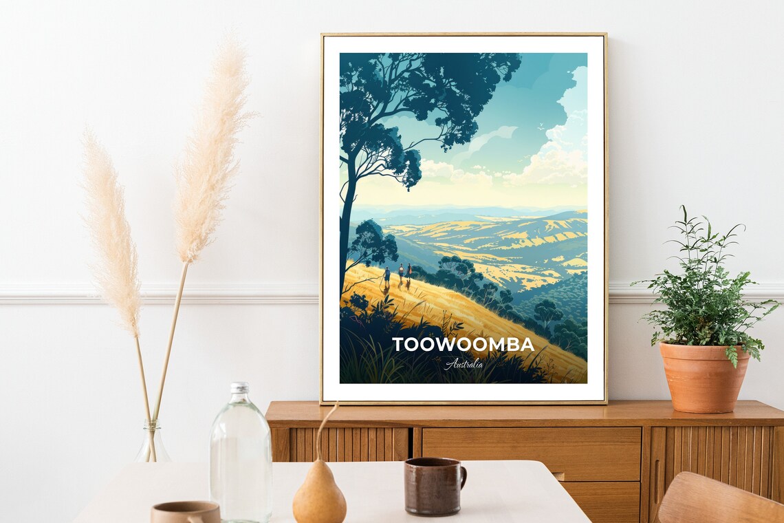 Toowoomba Australia Hikers on Golden Hillside Above Rolling Hills Poster - Image 3