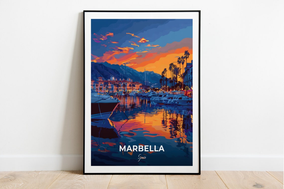 Marbella Spain Marina Yachts Sunset Harbor Reflections Travel Poster