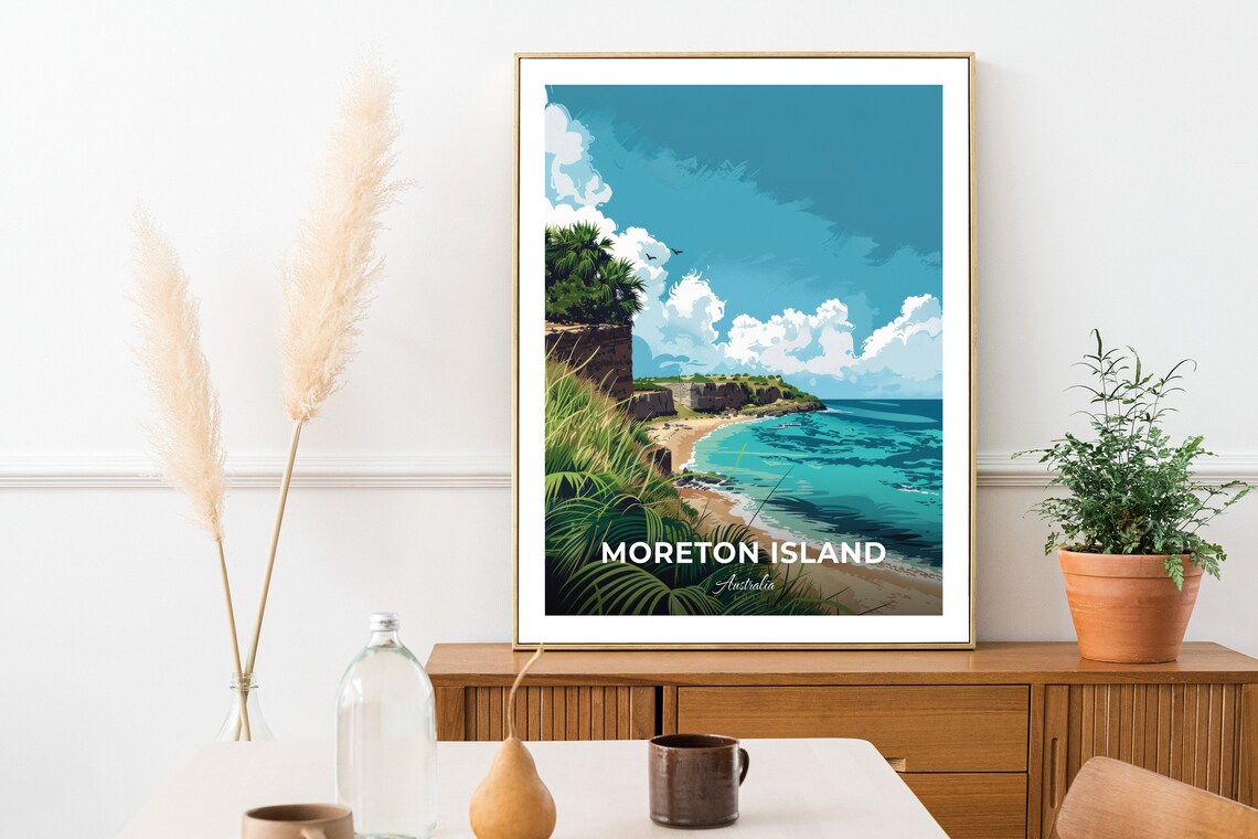 Moreton Island Australia Green Cliffs Over a Turquoise Bay Travel Poster - Image 3