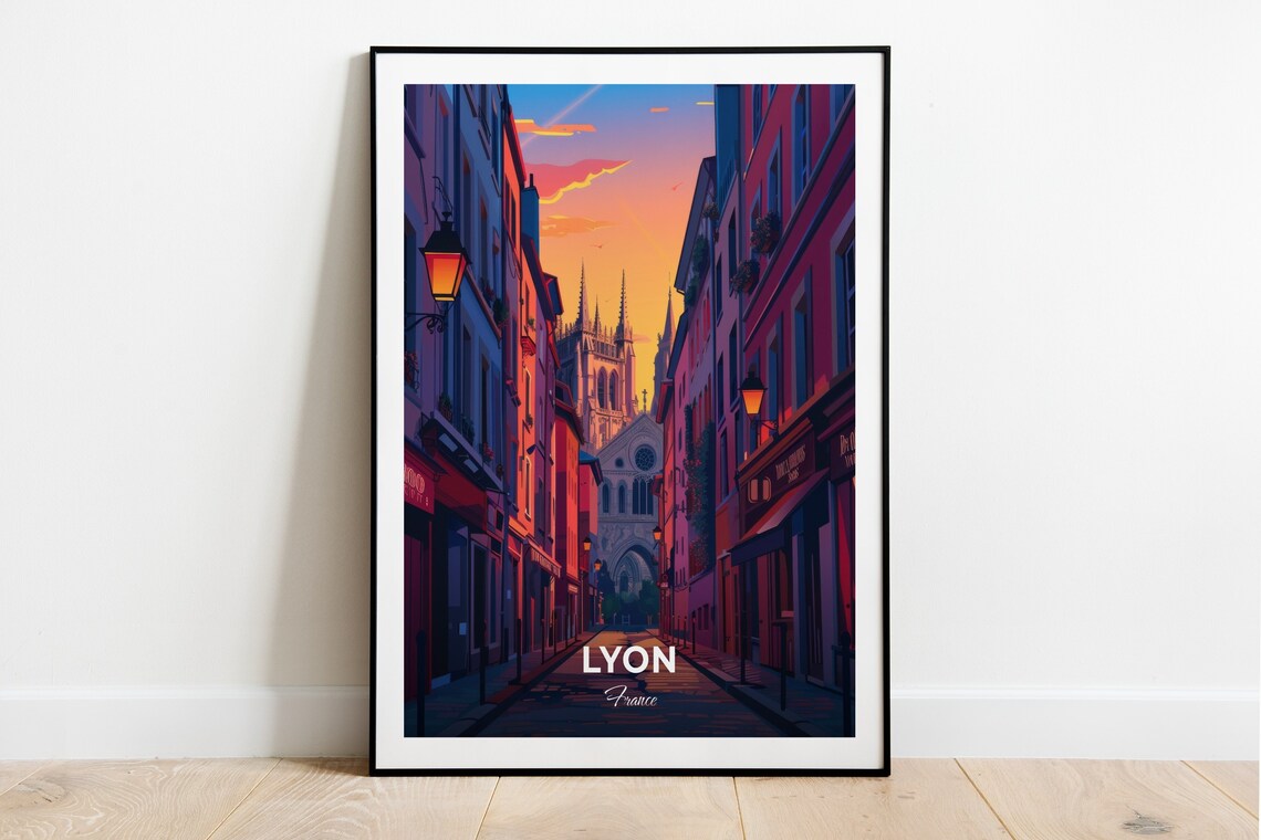 Lyon France Old Town Street Gothic Cathedral Spires Sunset Poster