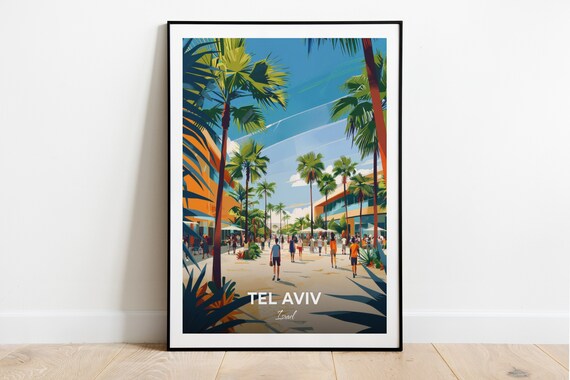 Tel Aviv Palm Lined Promenade Plaza Beach Stroll Travel Scene Poster