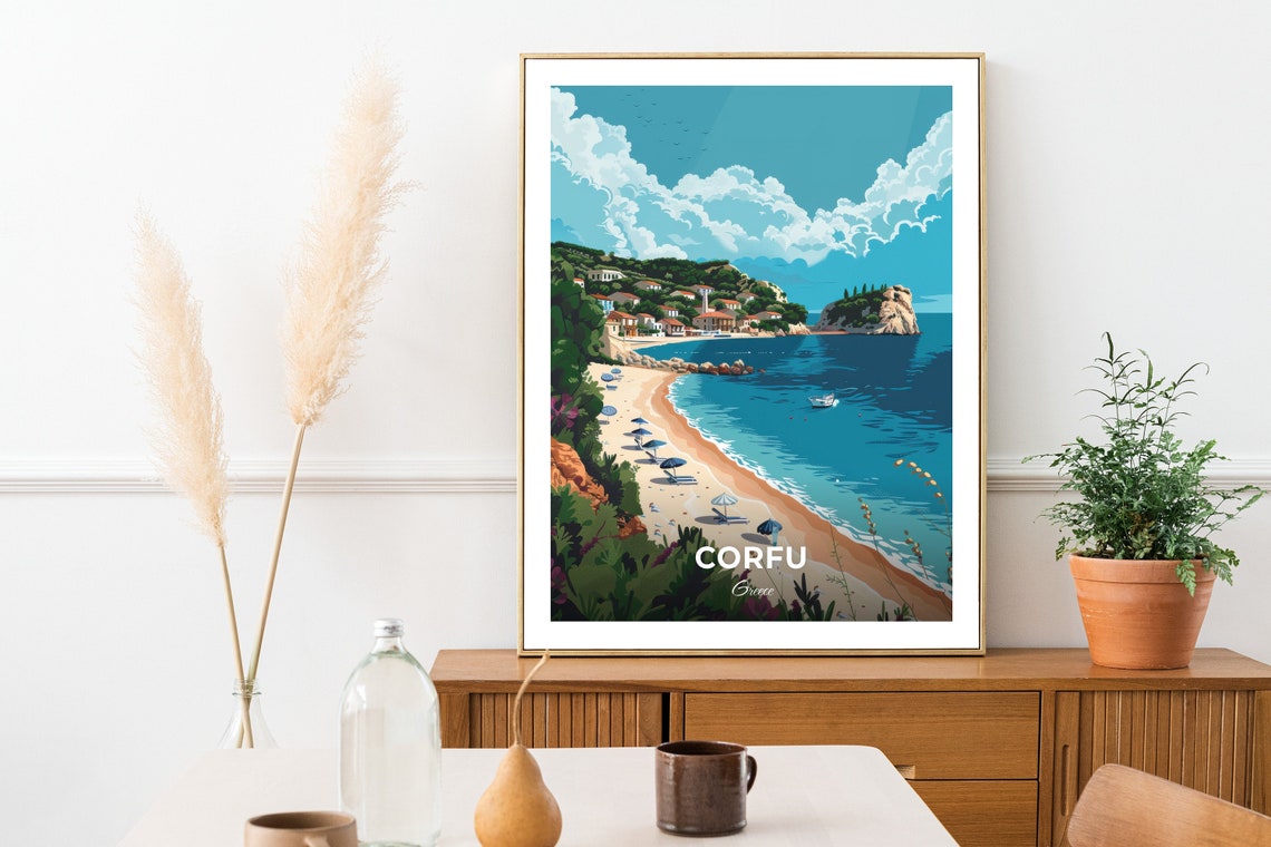 Corfu Greece Sidari Beach Bay White Houses View Travel Poster - Image 2