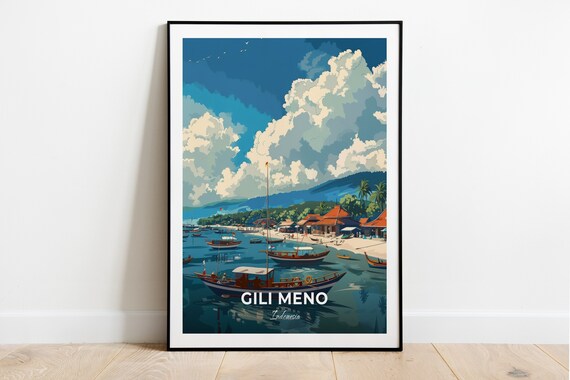 Gili Meno Harbour Boats Beach Huts Coast Indonesia Vintage Travel Poster