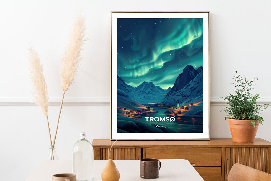 Tromso Norway Northern Lights Dancing Over Arctic Harbor Night Poster - Image 2