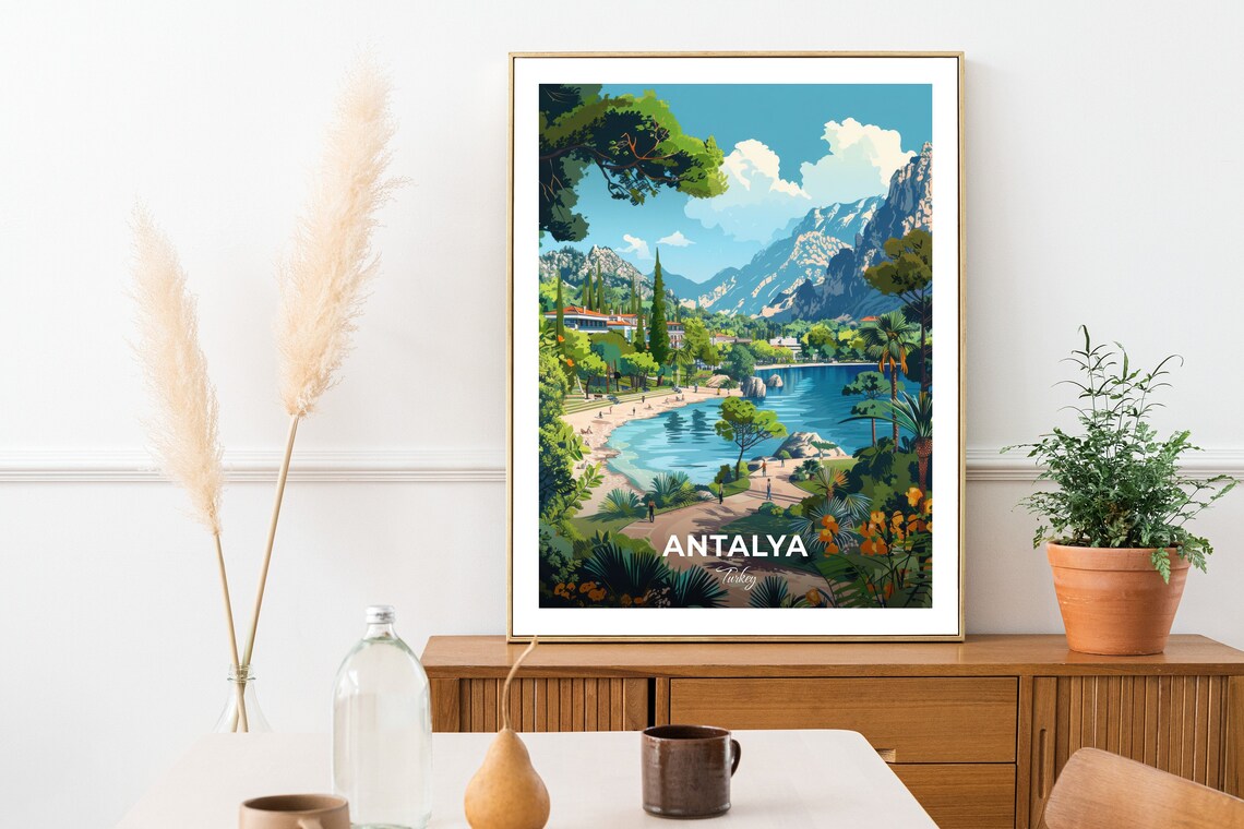 Antalya Lush Green Park Pond With Mountains Turkey Travel Poster - Image 2