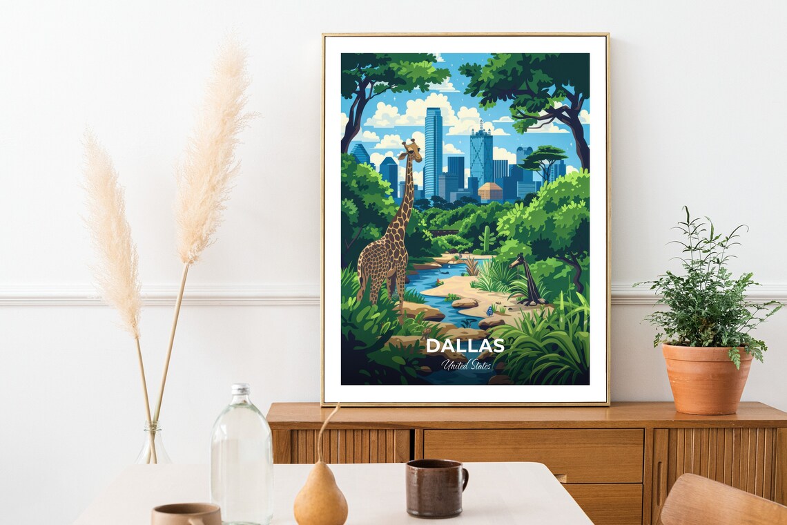 Dallas Zoo Giraffe Wildlife Oasis City Skyline Travel Poster - Image 2