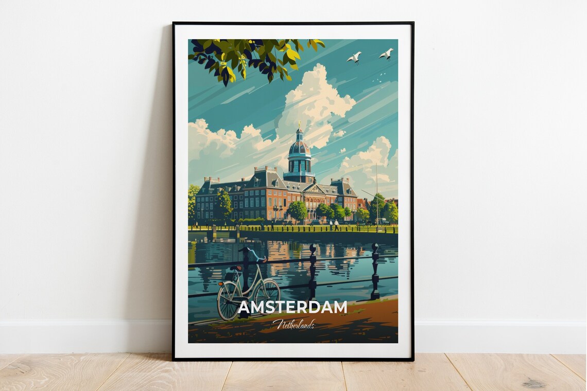 Amsterdam Netherlands Canal Bridge Bicycle Before Historic Palace Poster
