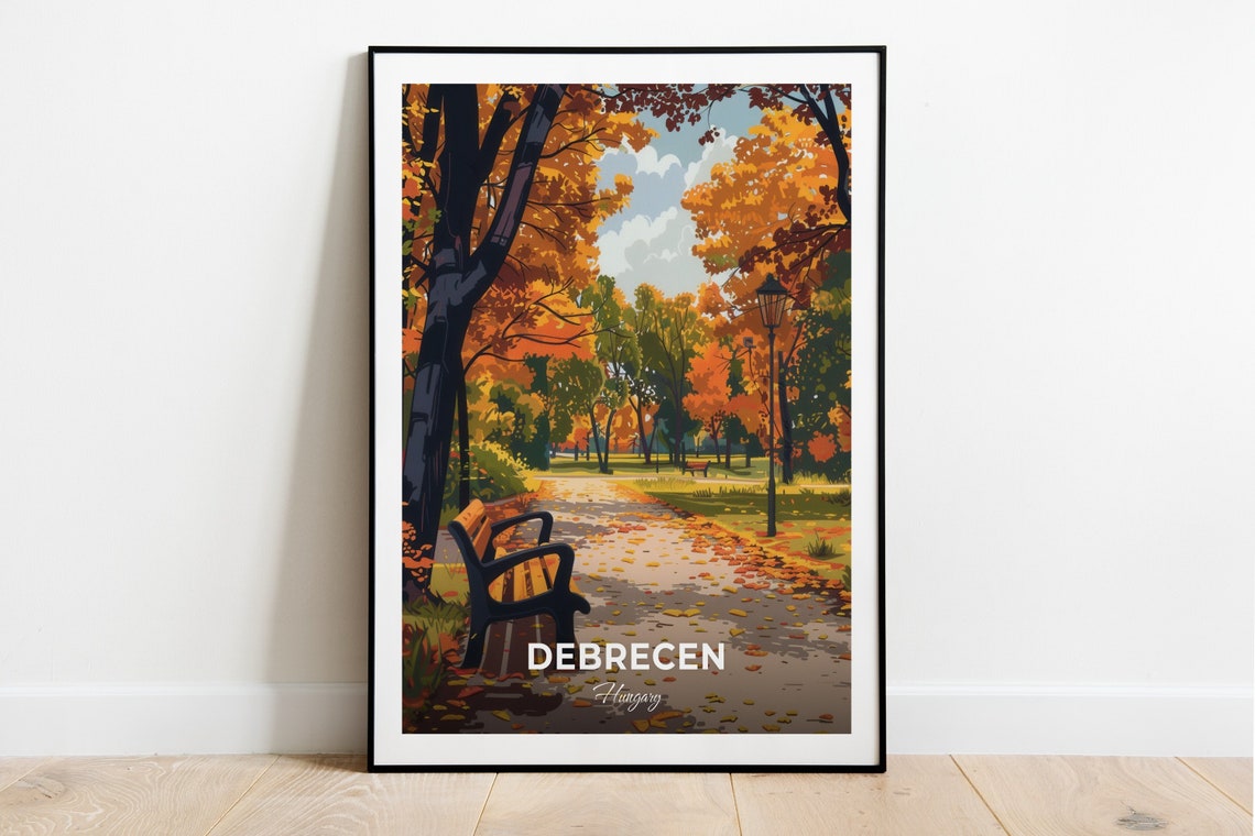 Debrecen Hungary Golden Autumn Park Path Bench Travel Art Poster