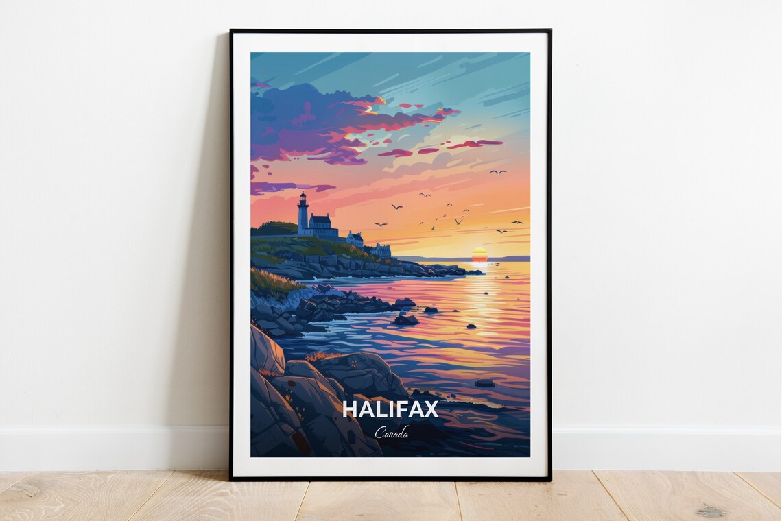 Halifax Canada Lighthouse Rocky Coast Golden Sunset Ocean Travel Poster