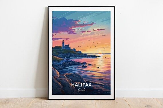 Halifax Canada Lighthouse Rocky Coast Golden Sunset Ocean Travel Poster