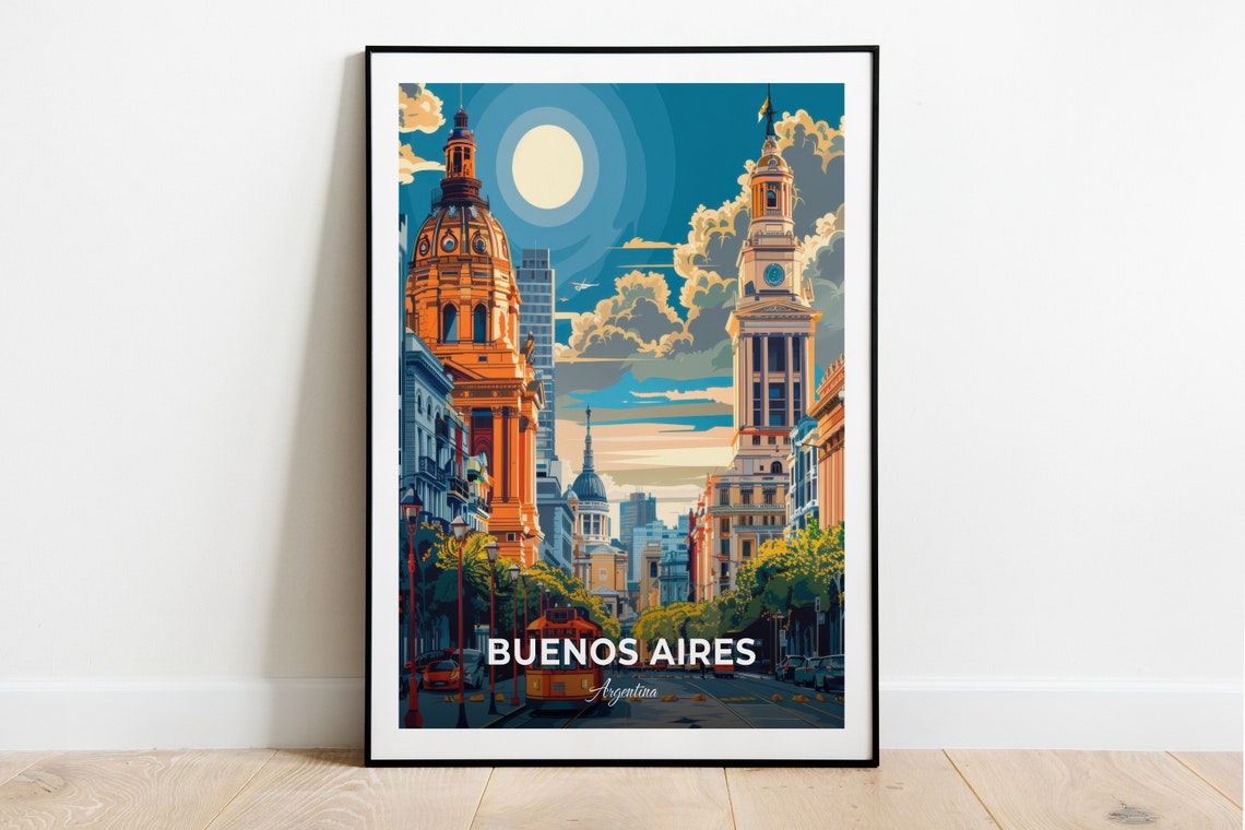 Buenos Aires Plaza de Mayo Cathedral Tram Avenue Travel Scene Poster