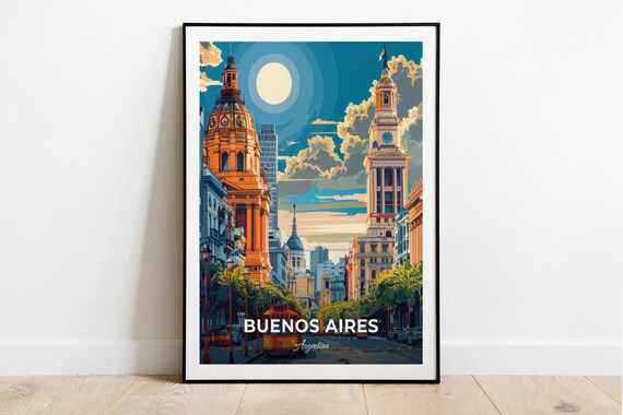 Buenos Aires Plaza de Mayo Cathedral Tram Avenue Travel Scene Poster