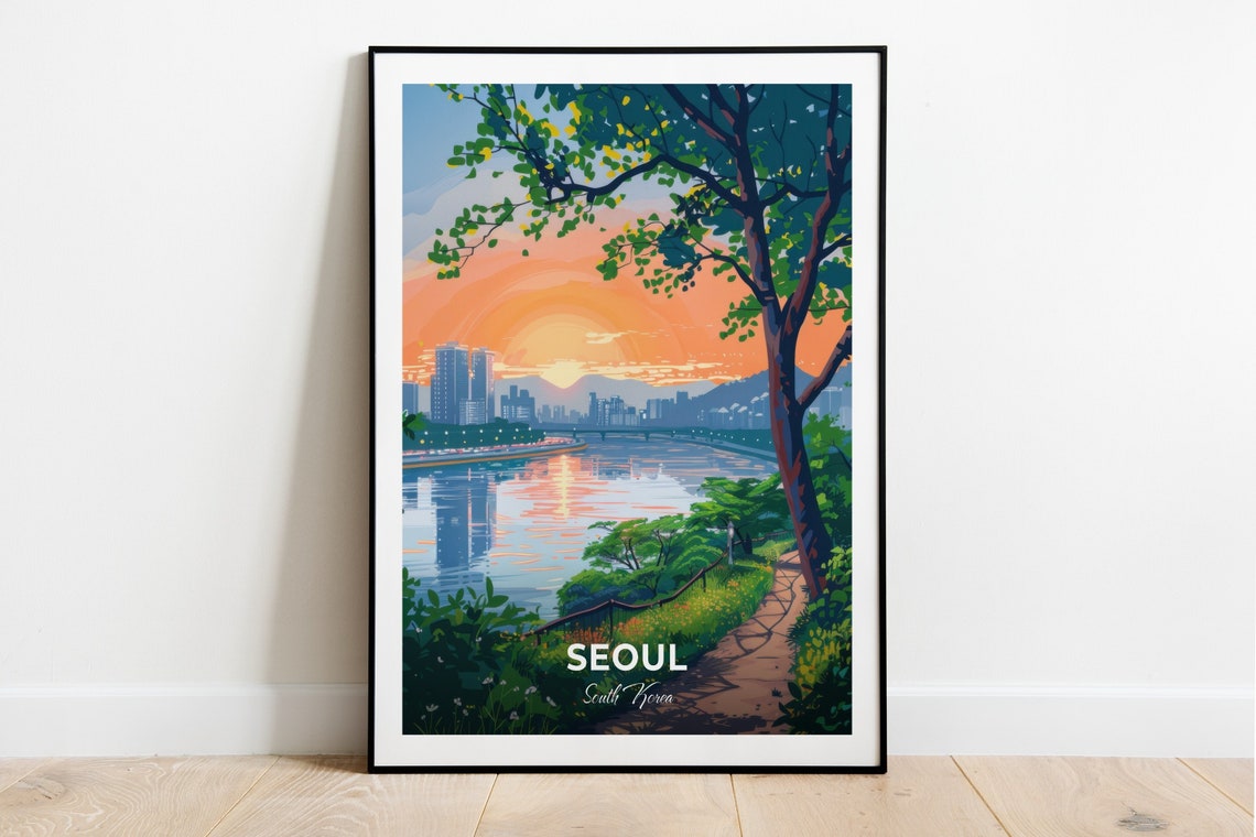 Seoul Golden Hangang River Sunset Skyline Reflection Travel Poster