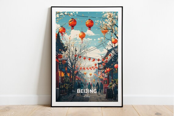 Beijing China Red Lantern Spring Street Blossom Travel Poster