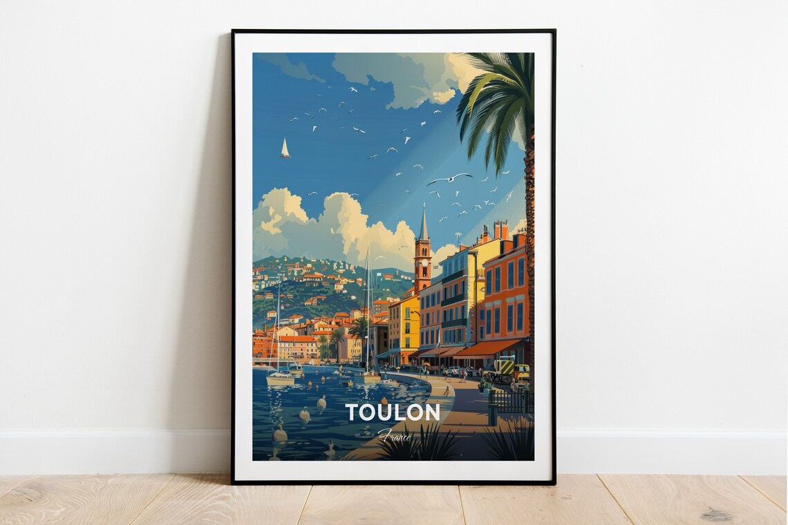Toulon France Travel Poster Colorful Old Port Waterfront Artwork