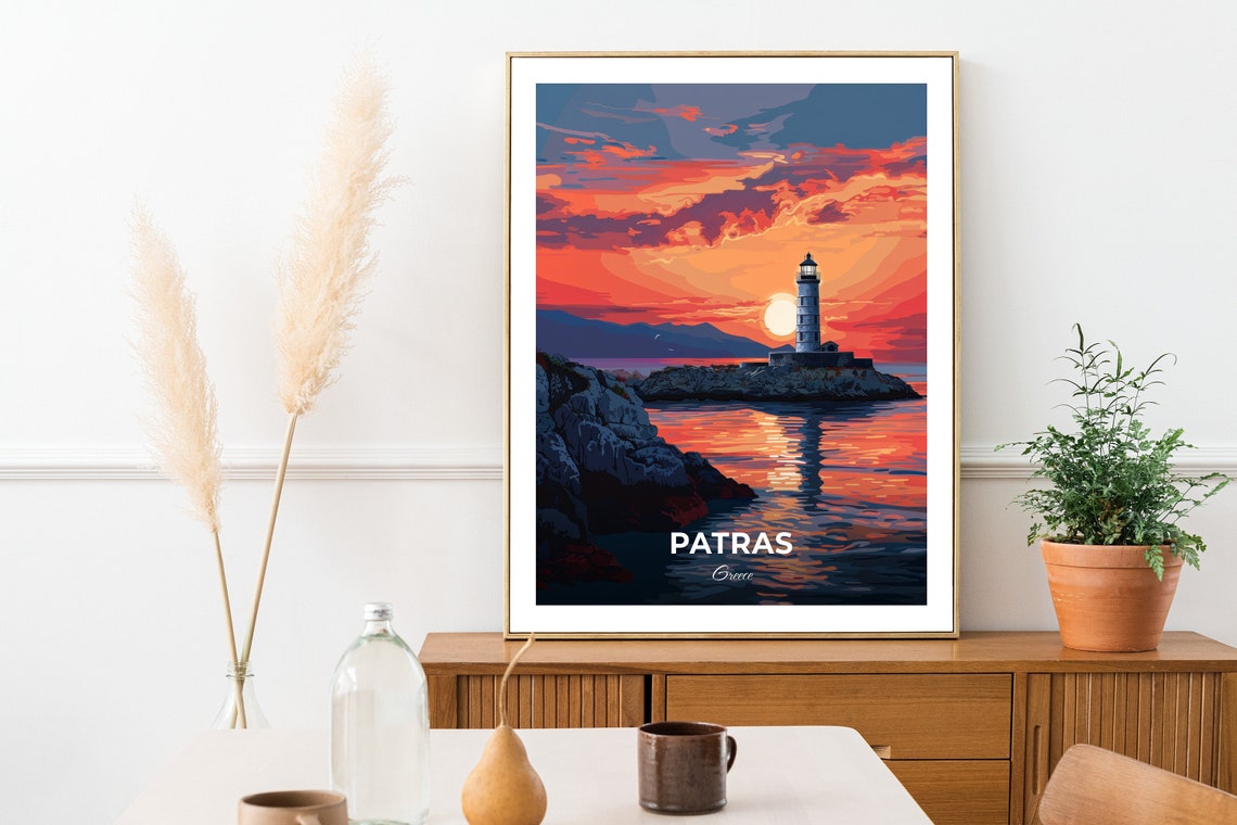 Patras Greece Lighthouse at Sunset Over the Sea Travel Poster - Image 3
