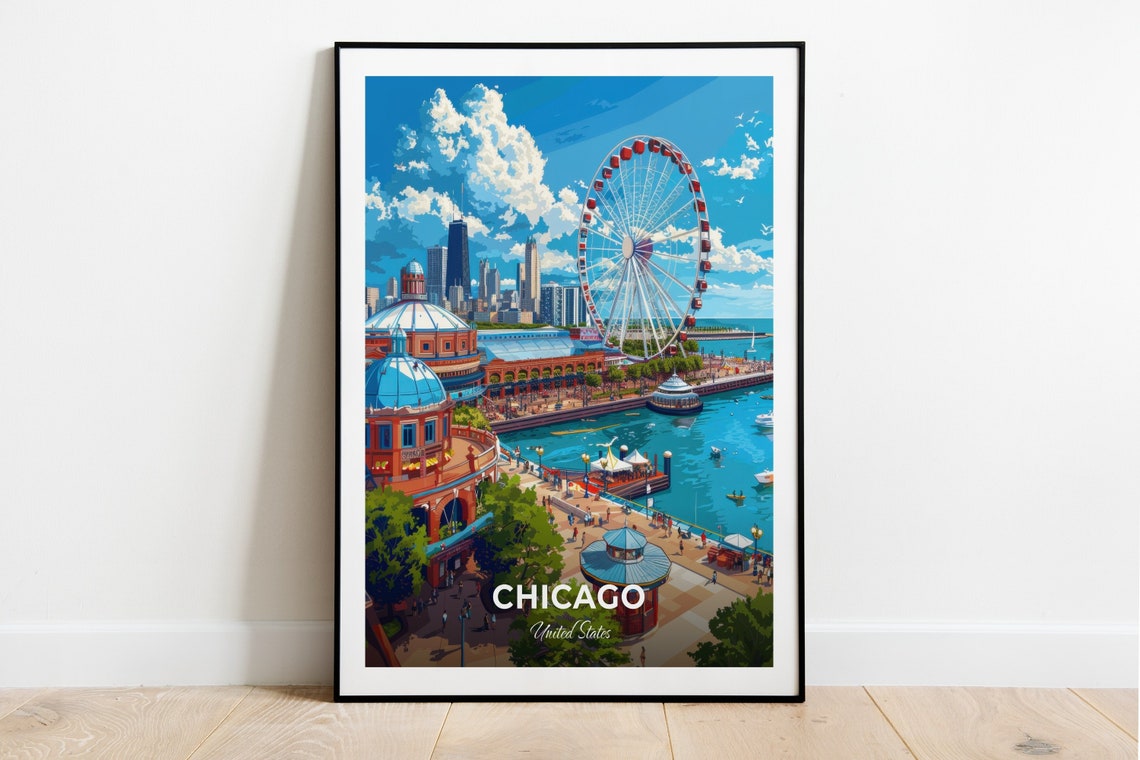Chicago Navy Pier Ferris Wheel Lakefront Skyline Travel Poster