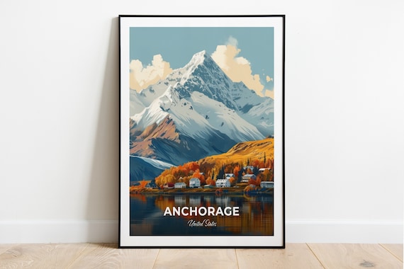 Anchorage Alaska Lakeside Cabins Snowy Peak Autumn Travel Poster