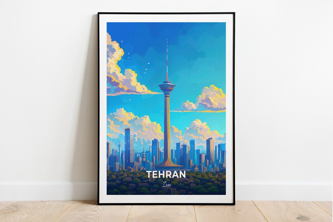Tehran Iran Milad Tower City Skyline Golden Clouds Travel Poster