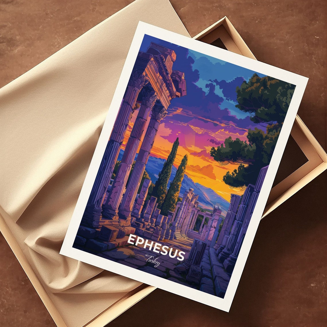 Ephesus Turkey Ancient Ruins Columns Vivid Sunset Travel Poster - Image 3