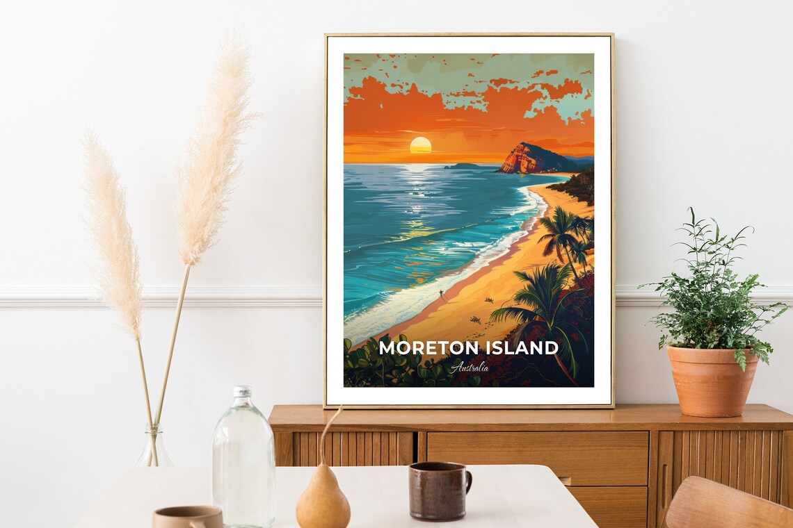 Moreton Island Australia Sunset Beach With Palms and Headland Poster - Image 3