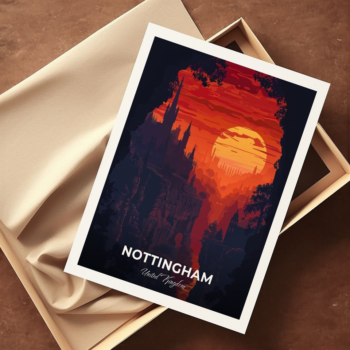 Nottingham City Of Caves Arch Silhouette Sunset Glow Travel Poster - Image 3