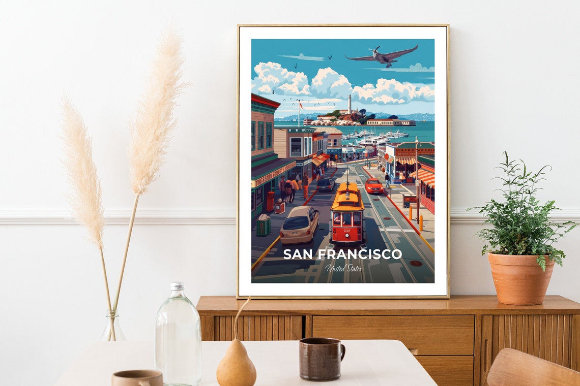San Francisco Fishermans Wharf Cable Car Bay View Travel Poster - Image 2