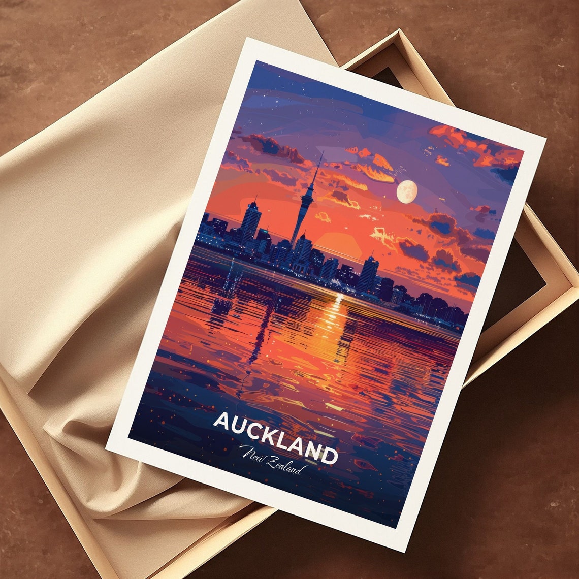 Auckland Mission Bay Night Skyline Moon Reflection Travel Poster - Image 3
