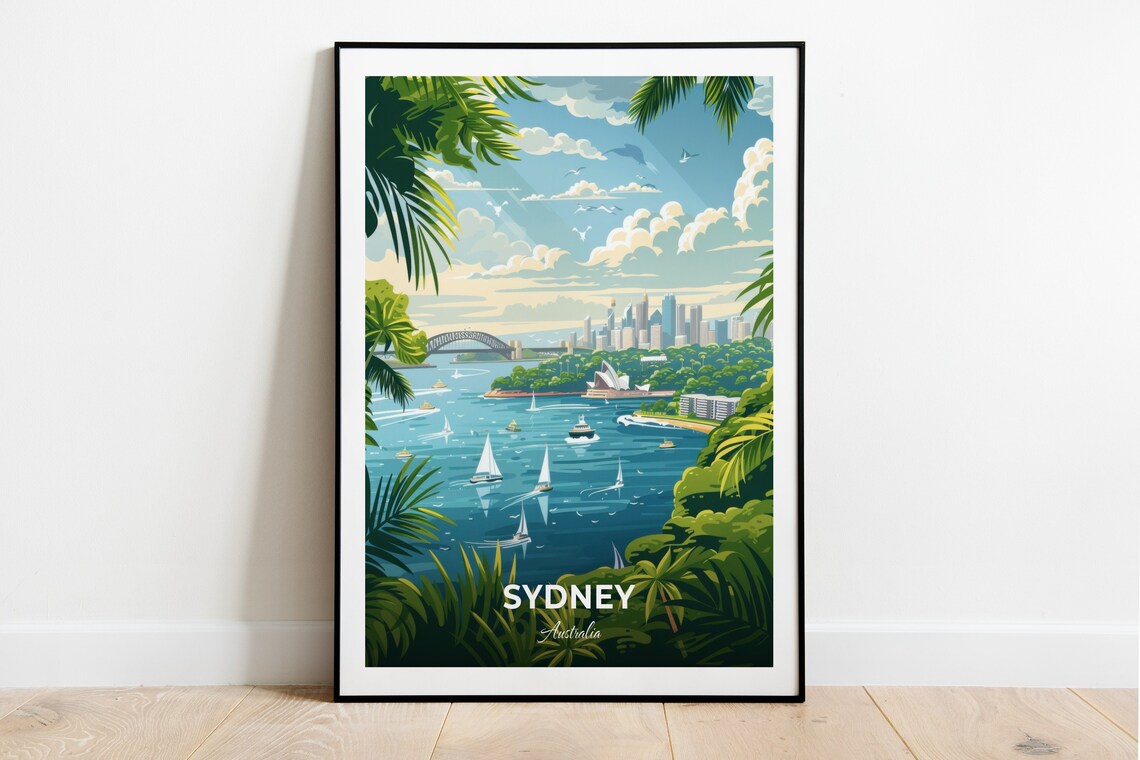 Sydney Australia Harbour Opera House Bridge Sailing Vintage Travel Poster
