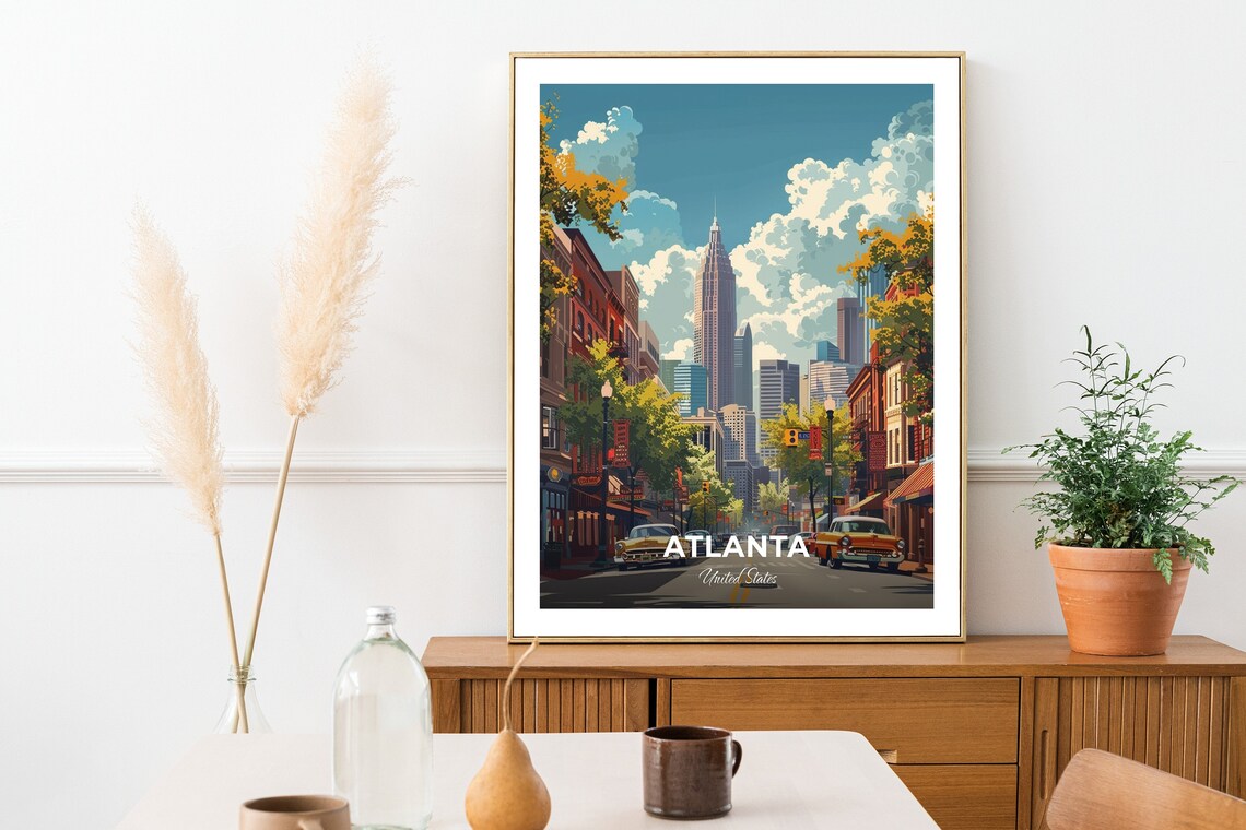 Atlanta Downtown Skyline Classic Cars Street Scene Travel Poster - Image 2